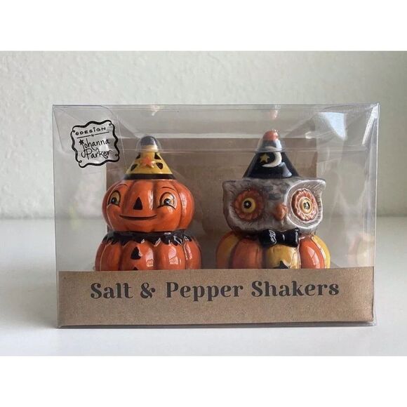 Johanna Parker Halloween Salt & Pepper Shakers Pumpkin & Owl Ceramic Collectible - Picture 1 of 6